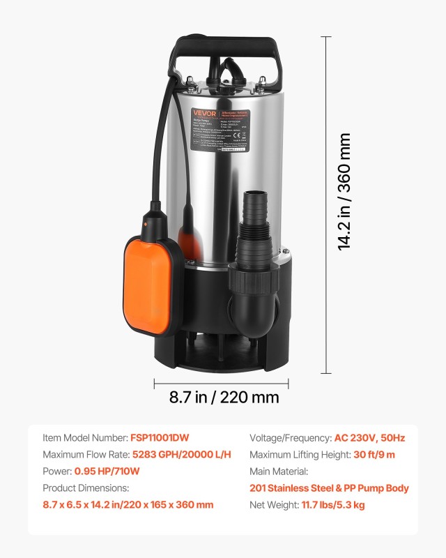 VEVOR 710W Υποβρύχια Αντλία Ακαθάρτων, 20,000 L/H, Ανοξείδωτο, Μέγι...