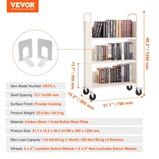VEVOR  Καρότσι Βιβλίων 330 lbs, Μονόπλευρα Ράφια L, Λευκό LXTSGTCBS330RWI6JV0
