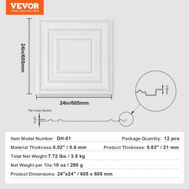VEVOR Πλακάκια Οροφής 12τμχ 24x24in PVC Εύκολη Εγκατάσταση Λευκός Σχεδιασμός με Τρύπες  THBZPVCB12J20JVLNV0