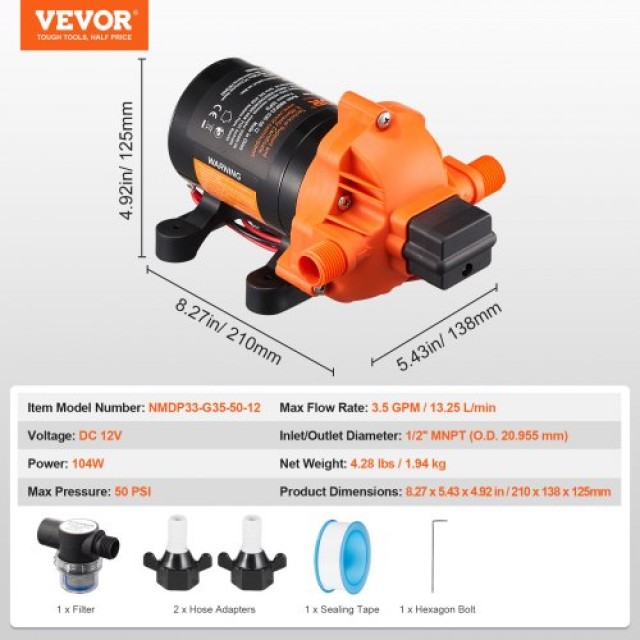 VEVOR  Αντλία Διαφράγματος 12V 3.5GPM 13.25L/min με Διακόπτη Πίεσης 3-Θαλάμων 12VYYSB3Q35G3N0DNV9
