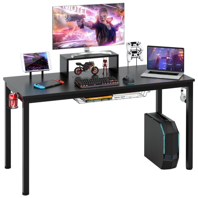 Επαγγελματικό Γραφείο Gaming με Εργονομική Ανύψωση Οθόνης και Πολλαπλές Λειτουργίες 155 x 60 x 94 Μαύρο HW63510 Costway