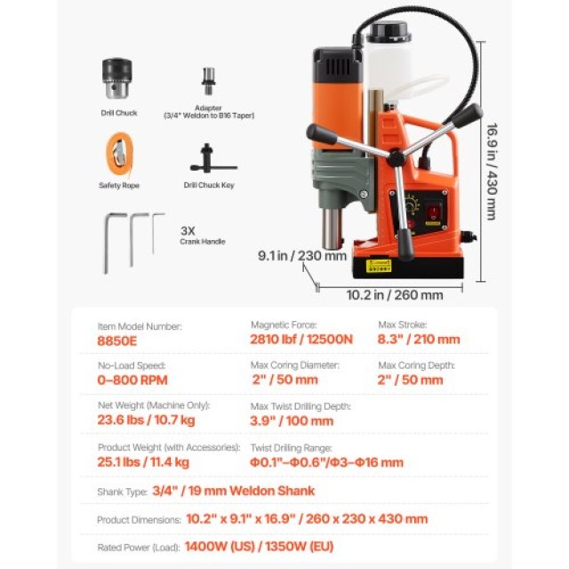 VEVOR Μαγνητικό Δράπανο 1350W με Διάμετρο Διάτρησης 50mm (0-800RPM)...