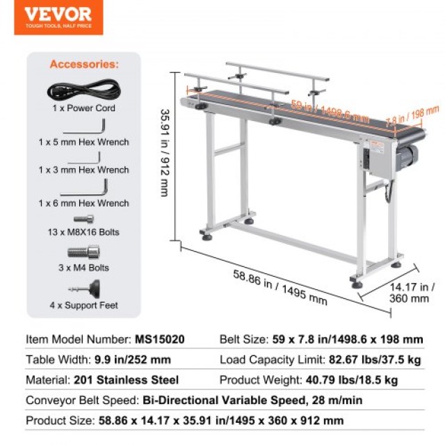 VEVOR Ταινιόδρομος 59x7.8, Ανοξείδωτος, Ρυθμιζόμενη Ταχύτητα, Διπλό Κάγκελο  PDSSJ59X78INQJ12NV2