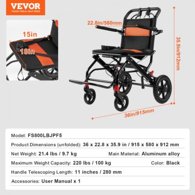 VEVOR Πτυσσόμενο Αμαξίδιο Αλουμινίου 18 100kg  FWYSLYLHJSX1TQ05XV0