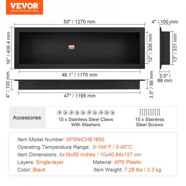 VEVOR Ντουλάπι Ντους 40.64 x 127 cm, Μαύρο, Μοντέρνα Θήκη Σαπουνιού...