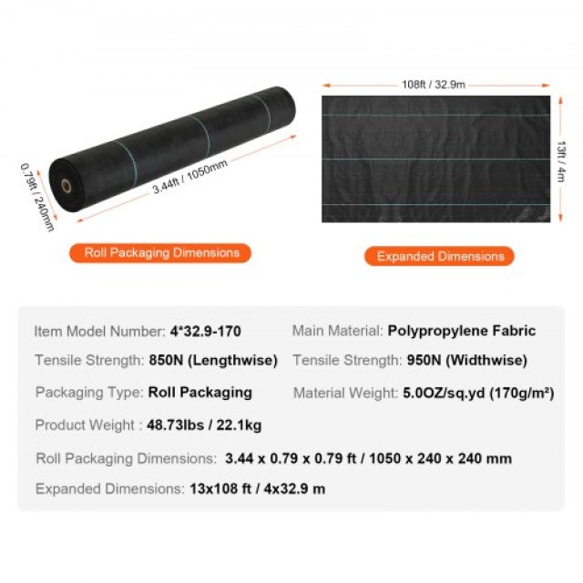 VEVOR Υφασμάτινο Φράγμα Ζιζανίων 13x108FT, 5OZ, Υψηλής Διαπερατότητας για Κήπο & Διάδρομο  JBXBZ13108FT62J4MV0