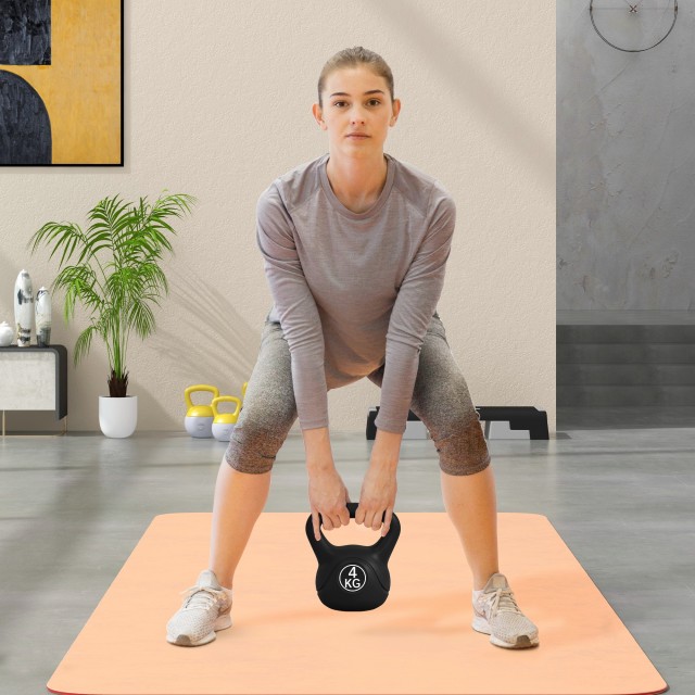 HOMCOM Kettlebell 4kg από Πλαστικό και Άμμο με Επίπεδη Βάση και Λαβή 18x12x20 cm Μαύρο A91-076V04BK