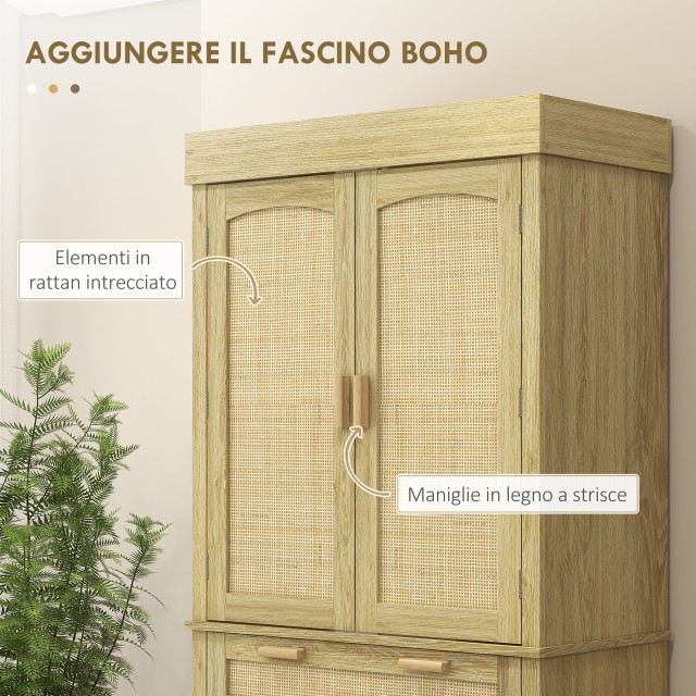 HOMCOM Μπουφές Κουζίνας Boho Στυλ με 2 Ντουλάπια, Συρτάρι και Ραφιέρα Μπαχαρικών από Ξύλο και Ρατάν, 76x40x183cm, Δρυς 83A-145V0