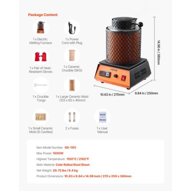 VEVOR Ηλεκτρικός Φούρνος Χύτευσης VEVOR, 1500W, 5kg Κεραμικό Χωνευτ...