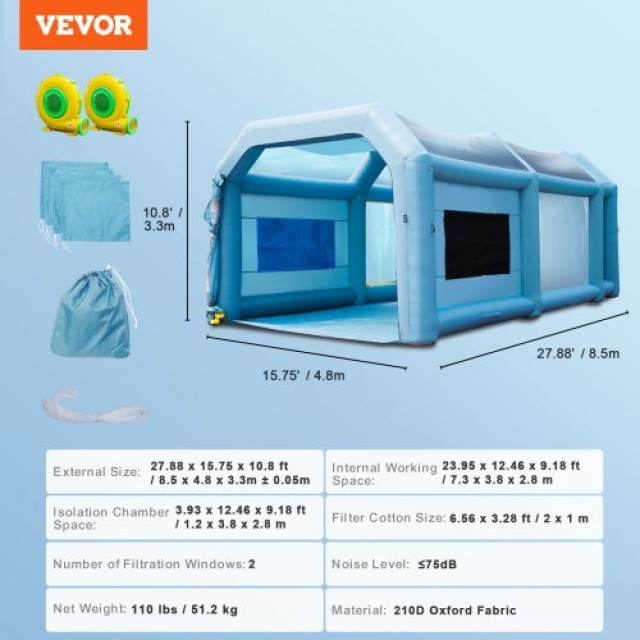 Φουσκωτή Καμπίνα Βαφής Αυτοκινήτου VEVOR 28x16x11ft με Φίλτρο & 2 Φυσητήρες  CQSPQFLSS2816PT98V2