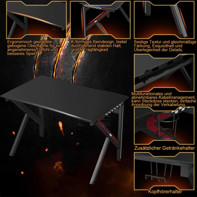 Costway Κοstway K-σχήματος Gaming γραφείο με γάντζο για ακουστικά, θήκη για ποτήρι και διαχείριση καλωδίων, εργονομικό γραφείο υπολογιστή μαύρο. HW66067