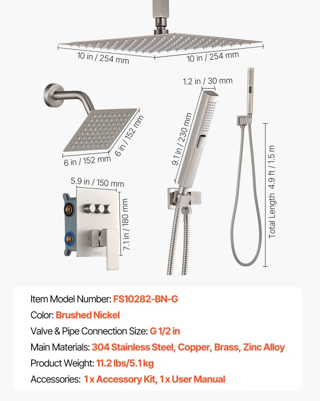 VEVOR Σύστημα Ντους Οροφής 254 mm με Ροτόμενα Διπλή Κεφαλή & Χειροκ...