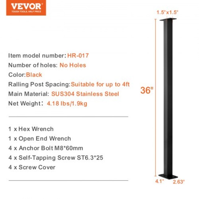 Μαύρο Στύλος Καλωδίων VEVOR 36x1.5x1.5in Χωρίς Τρύπες  LGZ91.43.83.8QO7KV0