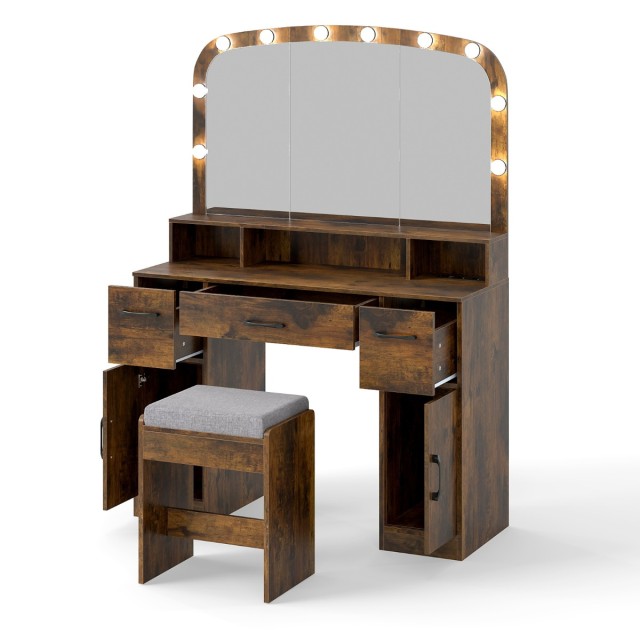 Costway Τουαλέτα Μακιγιάζ με Σκαμπό & LED Καθρέφτης 3 Χρωμάτων & Στ...