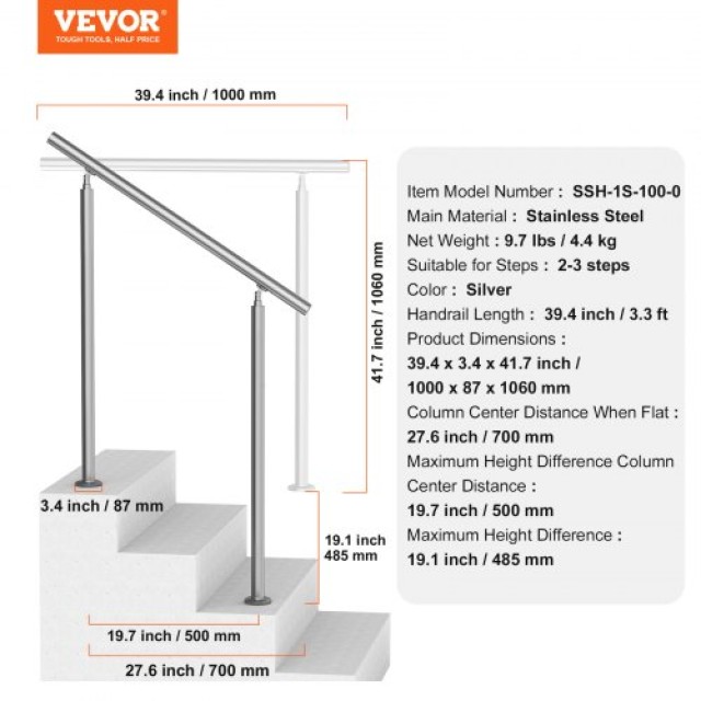 VEVOR  Κουπαστές 100cm για Εξωτερικά Σκαλοπάτια, Βεράντα, Κατάλληλο για Ηλικιωμένους BXGSLZFS100CSMB9RV0