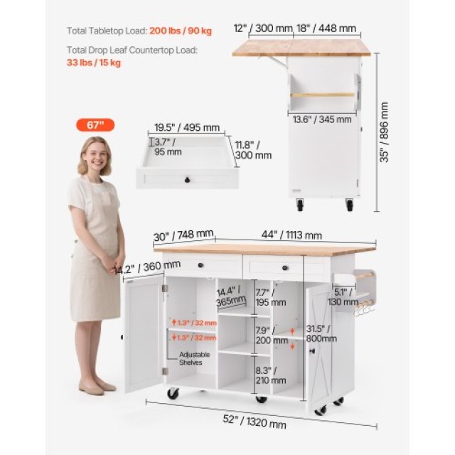 VEVOR Κουζίνα Νησίδα Καρότσι - 132cm με Αποθηκευτικό Ντουλάπι και Σ...
