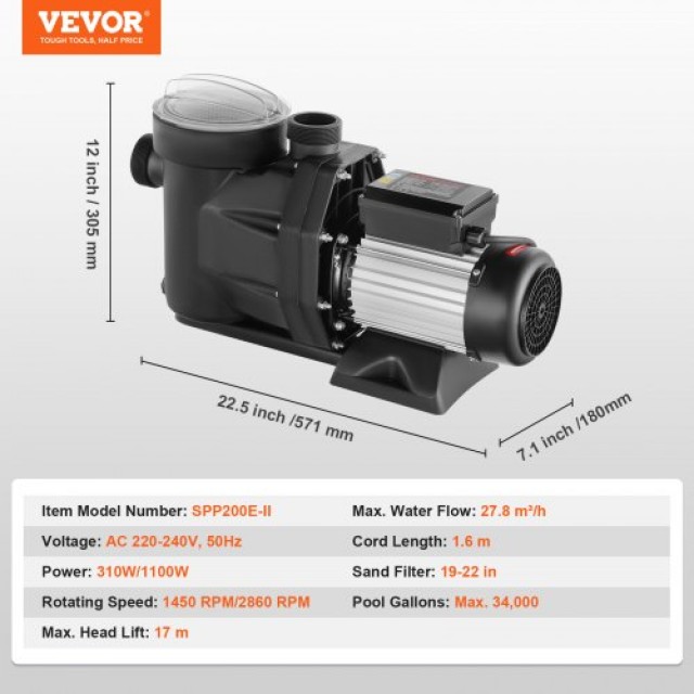 Αντλία Πισίνας VEVOR 1.5 HP Διπλής Ταχύτητας για Υπέργειες Πισίνες ...
