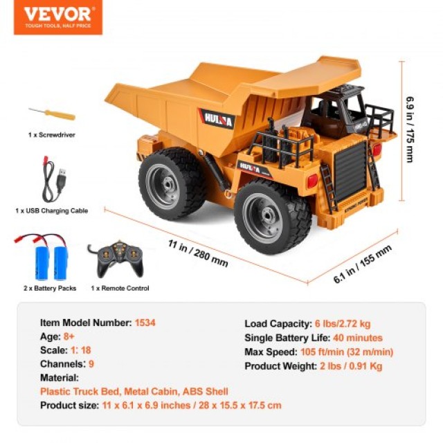 Τηλεκατευθυνόμενο Φορτηγό VEVOR 9CH 1:18 για Κατασκευές  CDXJSCZ6TDKCG89ARV9