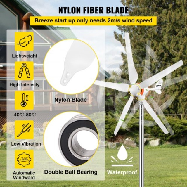 VEVOR Κιτ Ανεμογεννήτριας 12V/AC, 500W με Ελεγκτή MPPT, 5 Πτερύγια ...