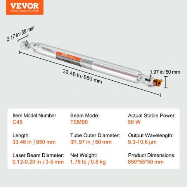 VEVOR Λέιζερ Σωλήνας 50W CO2 850mm 50mm για Μηχάνημα Λέιζερ  CO2JGG50W00025GL9V9