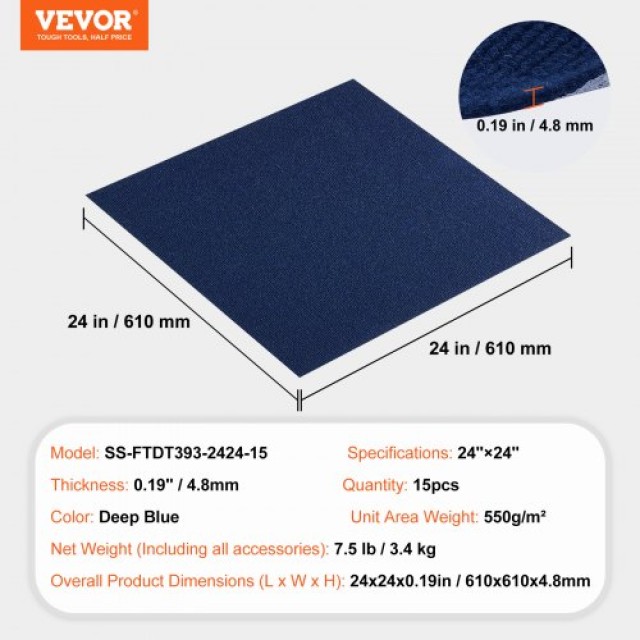 VEVOR Αυτοκόλλητα Πλακάκια Χαλιού 24x24, Σκούρο Μπλε (15 τεμ.)  ZZFKDT2424YCU83VVV0