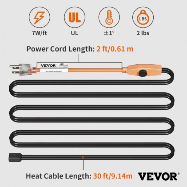 VEVOR  Καλώδιο Θέρμανσης Σωλήνων 9μ 23W/m με Ενσωματωμένο Θερμοστάτη GDJRDLMC30FT7EAAGV2