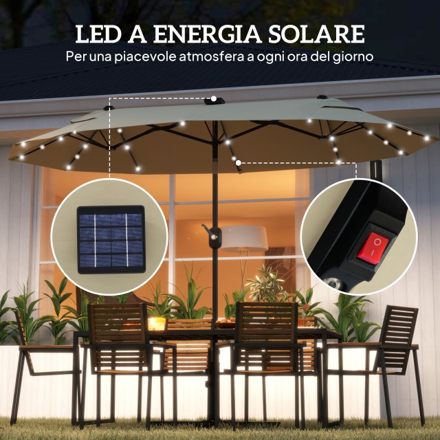Outsunny Διπλή Ομπρέλα με Φώτα LED και Σταυροειδή Βάση, από Πολυεστέρα και Ατσάλι, 295x150x219 εκ., Λευκό Κρεμ. 84D-223V00CW