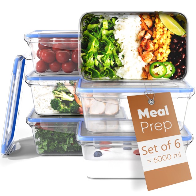 Σετ 6 Πλαστικά Δοχεία Φαγητού 1L με Καπάκια 19.5 x 7.6 x 13cm - Διά...