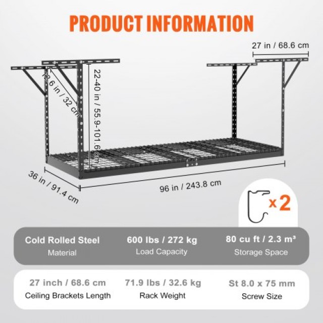 Ράφι Οροφής Γκαράζ VEVOR, 36x96, 600 lbs, Ρυθμιζόμενο, Μαύρο  CKTHBCWJZHS36L1S2V0
