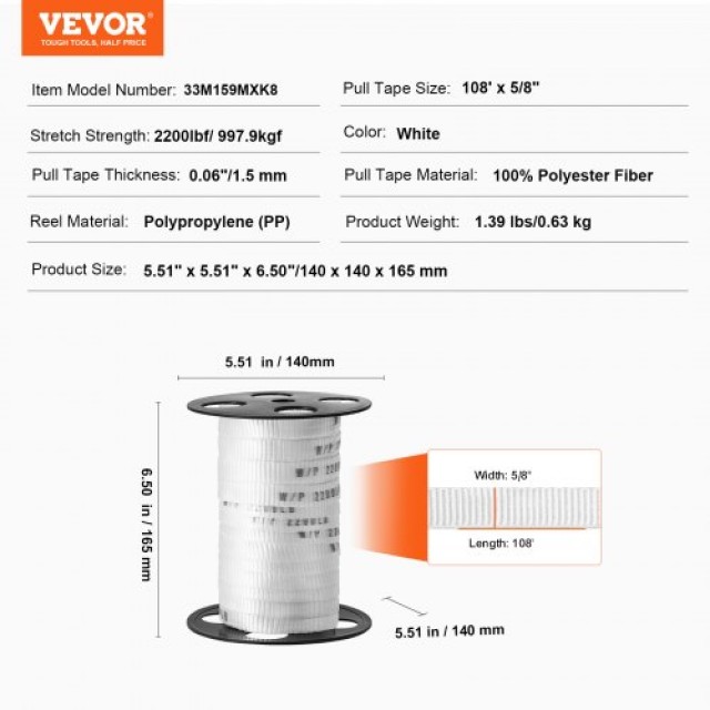 VEVOR Πολυεστερική Ταινία Έλξης 5/8 x 108, Αντοχή 2200 lbf, Λευκή  DLLDB33M159MXK8PTV0