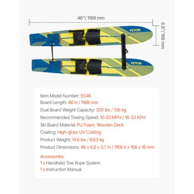 VEVOR Σκι Νερού 116.8 cm με Ρυθμιζόμενες Δέστρες X-7 HSQXLK48INCH09...
