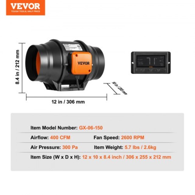 VEVOR 15cm Ενσωματωμένος Αεραγωγός με Ρυθμιζόμενη Ταχύτητα  XLGDFJYCHSEC6M91GV2