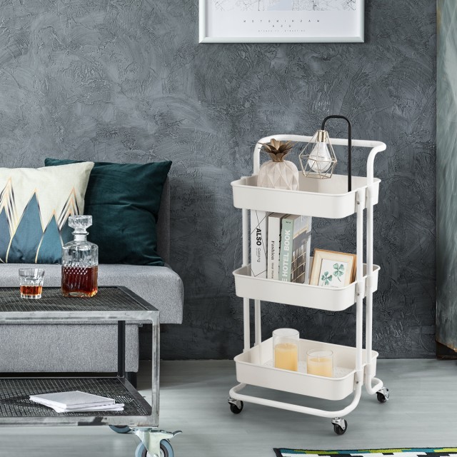 Costway Πολυλειτουργικό Καρότσι Αποθήκευσης με 3 Ράφια σε Λευκό Χρώ...