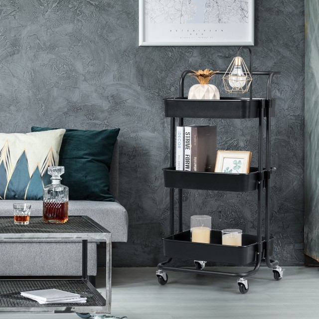 Costway Πολυλειτουργικό Καρότσι Αποθήκευσης με 3 Ράφια σε Μαύρο/Λευ...