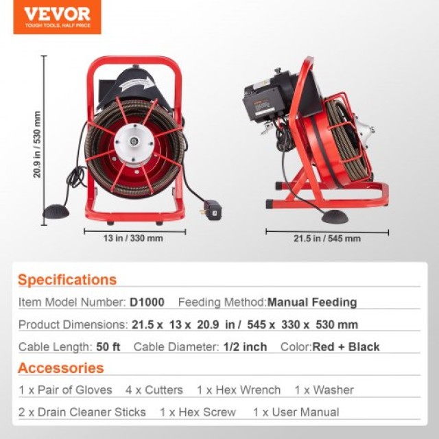 VEVOR Μηχανή Καθαρισμού Αποχέτευσης 50FT x 1/2 Χειροκίνητη & 4 Κόφτες  SDJJKLSGDSTJZQNLAV2
