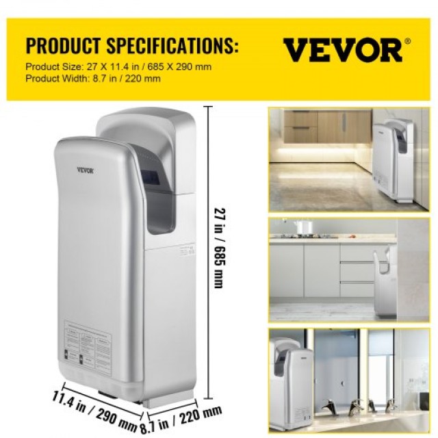 VEVOR Ταχυστεγνωτήρας Χεριών με Φίλτρο HEPA, 2000W 220V, Ασημί  GSJLSGSPQSYS-U5PEV2