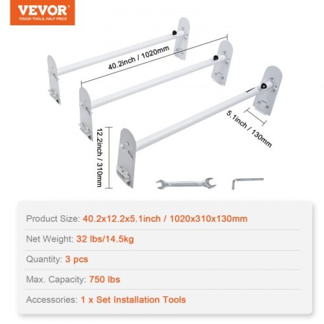 Ράφι Οροφής Βαν VEVOR, 3 Μπάρες, Χωρητικότητα 340 kg, Ρυθμιζόμενο Μήκος 40.2-74.8, Συμβατό με Chevrolet Express, GMC Savana  XSHCH37503964J82WV0