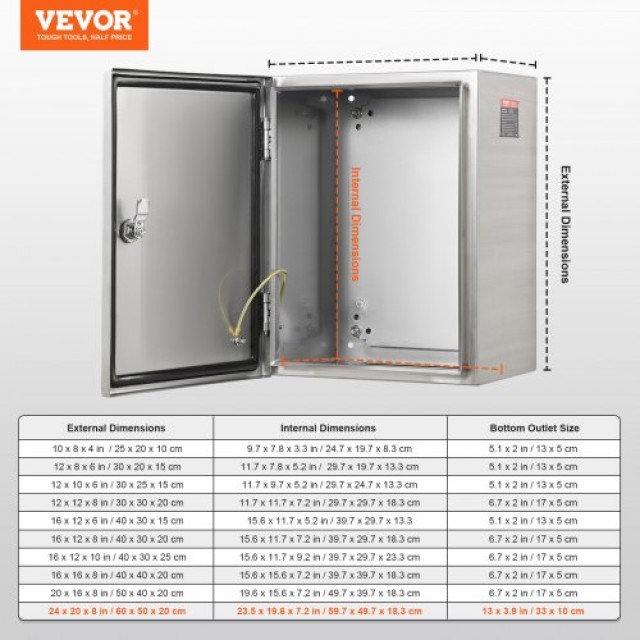 Κουτί Ηλεκτρολογικού Εξοπλισμού VEVOR 24x20x8 Ανοξείδωτο IP66  BXGDQX24X20XC3Z3EV0