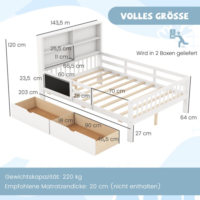 Costway Παιδικό Κρεβάτι από Μασίφ Ξύλο 140 x 200 cm με Αποθηκευτικό...