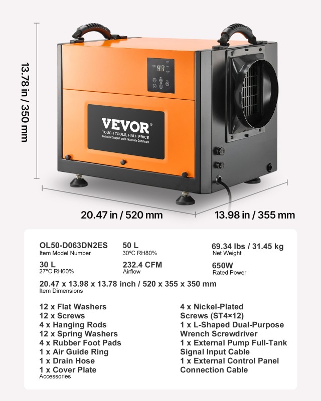 VEVOR Επαγγελματικός Αφυγραντήρας 50 Λίτρων με Σωλήνα Αποστράγγισης...