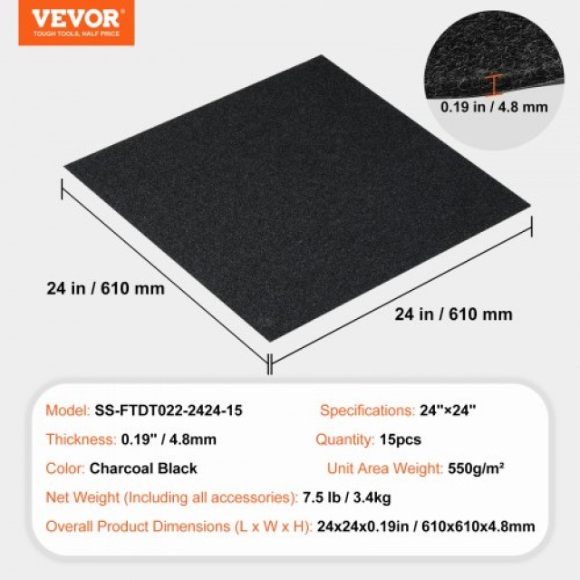 Αυτοκόλλητα Πλακάκια Καρπέτου VEVOR 24x24, 15τμχ, Μαύρο Καρβουνί  ZZFKDT2424YCT8PQDV0
