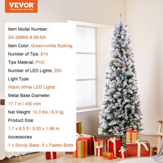 VEVOR  Χριστουγεννιάτικο Δέντρο 6.5ft Προφωτισμένο με 250 LED 814 Κλαδιά  RZSDSZRQBSDS7VXXGV2