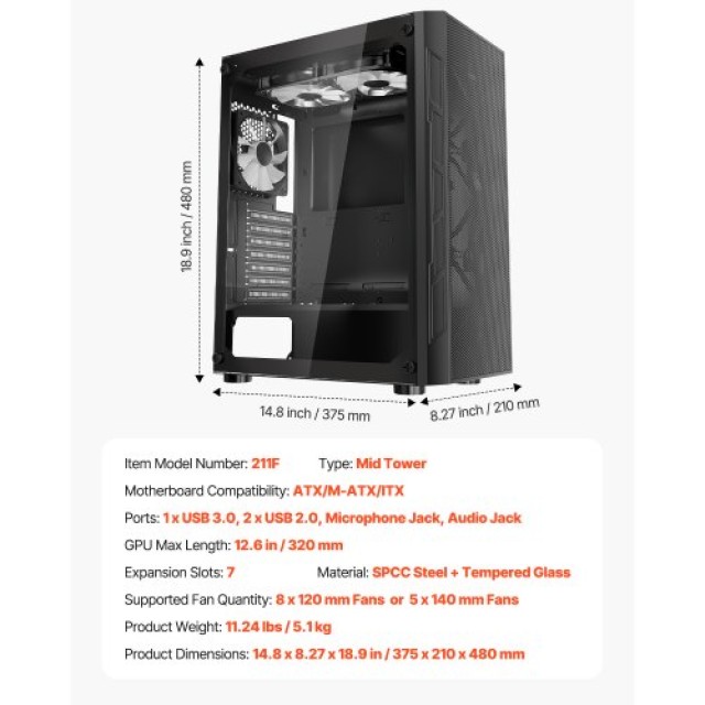 VEVOR Μεσαίο Κουτί ATX με 3 x 120 mm ARGB Ανεμιστήρες DNJXZT120MMACLSZZ001V9