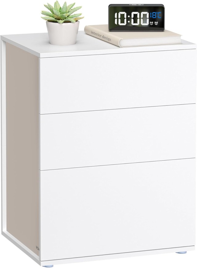 VASAGLE Κομοδίνο 45x35x58.7cm με 3 Συρτάρια, Χωρίς Εργαλεία Συναρμολόγησης, Λευκό & Μπεζ Καπουτσίνο LET778W01