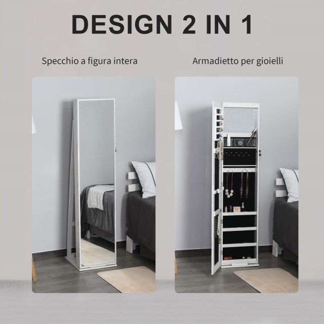 HOMCOM Καθρέφτης Κοσμηματοθήκη LED με Ράφια, 38x38x157 cm, Λευκός 8...