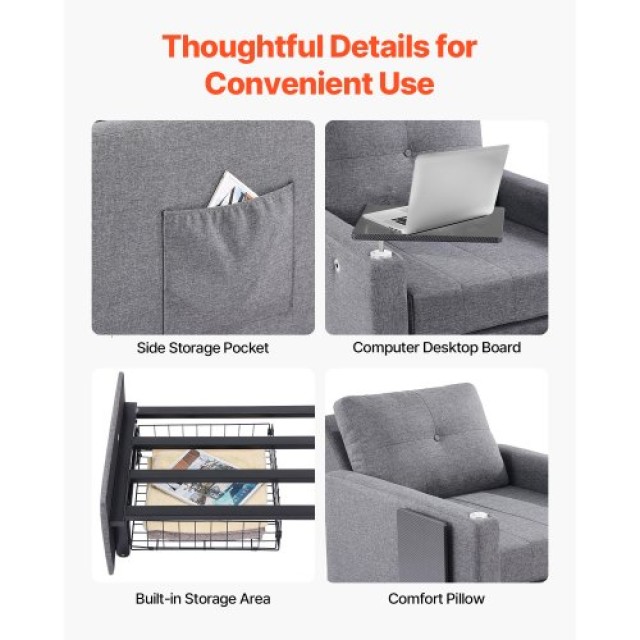 VEVOR Πολυλειτουργικός Καναπές-Κρεβάτι με Πλαϊνή Τσέπη και Ρυθμιζόμ...