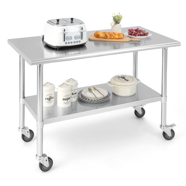 Costway Großer Edelstahltisch mit 4 Universalrädern, verzinkten Beinen und verstellbarer Bodenplatte, Silber KC55608
