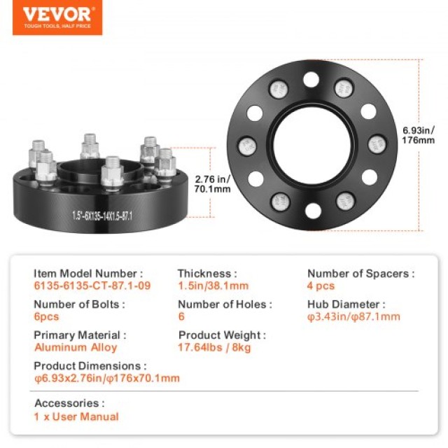 VEVOR Αποστάτες Τροχών 1.5 6x5.3 6 Λάγκων, Σετ 4, Μαύρο  LSSFLP15YC...