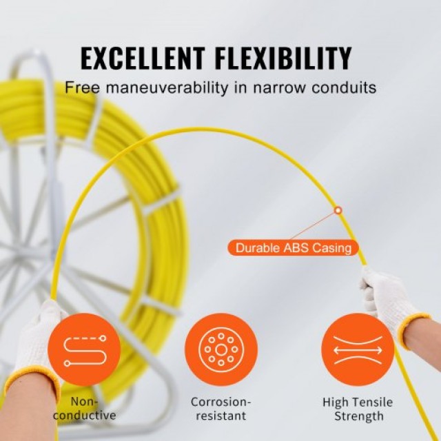 VEVOR Ταινία Ψαρέματος Fiberglass, 425 ft, 1/4 inch, Διάδρομος Καλωδίων με Βάση, 3 Κεφαλές Έλξης, Μη Αγωγική  DZJYDB14425FT0HH2V0