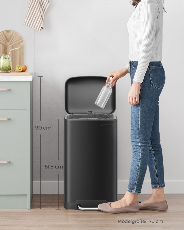SONGMICS Κάδος Απορριμμάτων με Πεντάλ 30L, Μαύρος, 30x30x61 εκ., LT...
